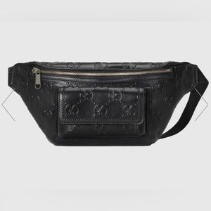 GUCCI GG Embossed Belt Bag Black Leather Bum Bag